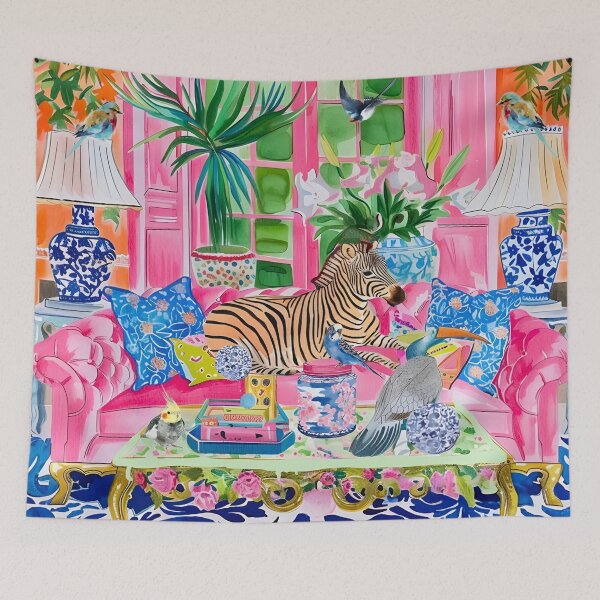 Item preview, Grandmillennial art, Zebra in orange chinoiserie interior designed and sold by SophieClimaArt.