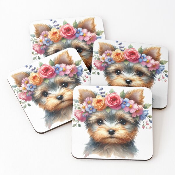 Item preview, Adorable Yorkie puppy with colorful flower crown designed and sold by toypoodlemom.