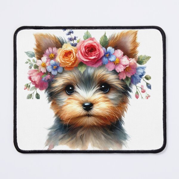 Item preview, Adorable Yorkie puppy with colorful flower crown designed and sold by toypoodlemom.
