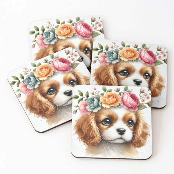 Item preview, Adorable Cavalier King puppy with colorful flower crown. designed and sold by toypoodlemom.