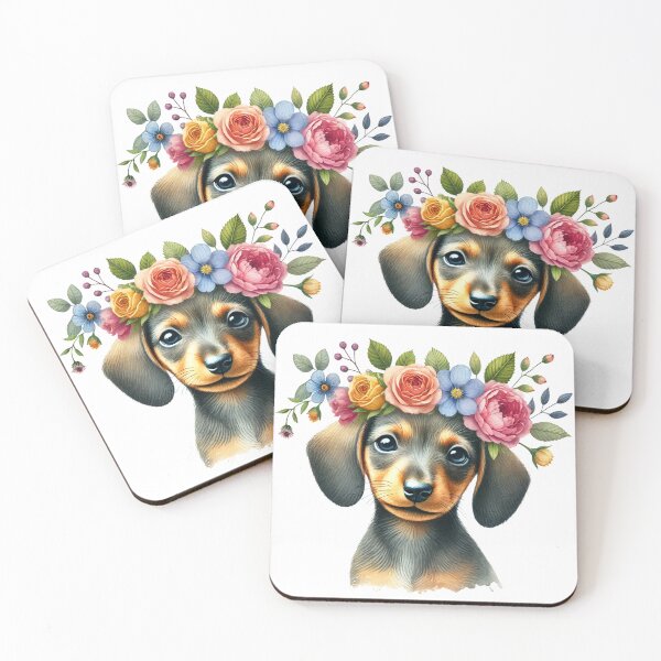 Item preview, Charming Dachshund puppy wearing a colorful flower crown. designed and sold by toypoodlemom.