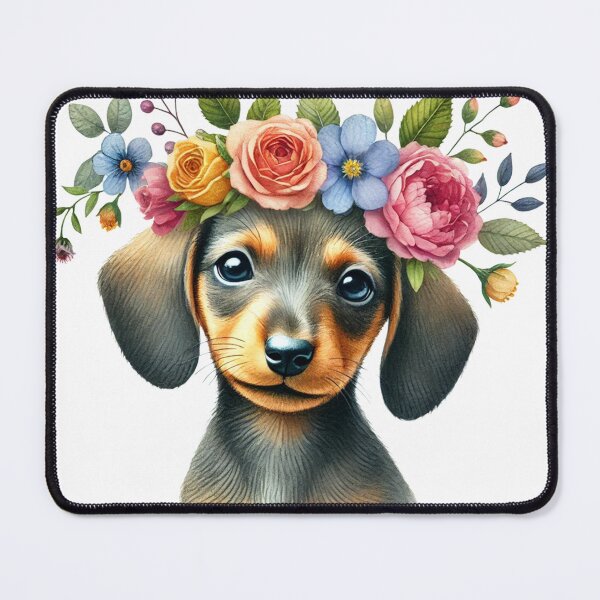 Item preview, Charming Dachshund puppy wearing a colorful flower crown. designed and sold by toypoodlemom.