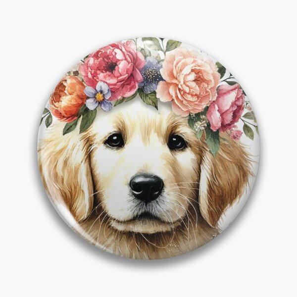 Item preview, Fluffy Golden Retriever puppy with colorful flower crown. designed and sold by toypoodlemom.