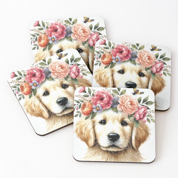 Item preview, Fluffy Golden Retriever puppy with colorful flower crown. designed and sold by toypoodlemom.