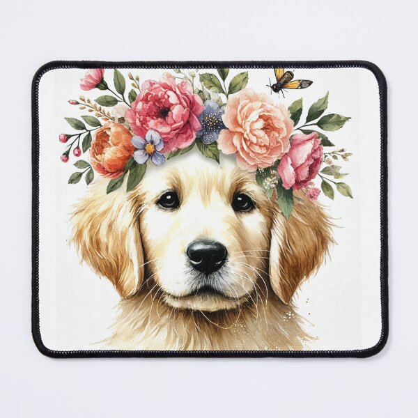 Item preview, Fluffy Golden Retriever puppy with colorful flower crown. designed and sold by toypoodlemom.