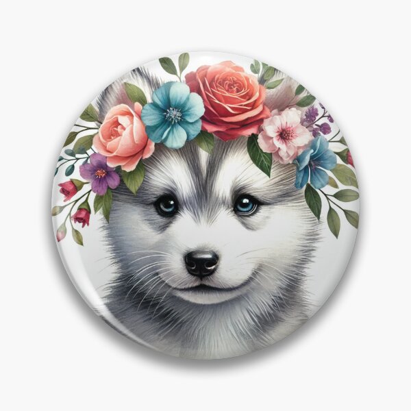 Item preview, Eye-catching Husky puppy with colorful flower crown. designed and sold by toypoodlemom.