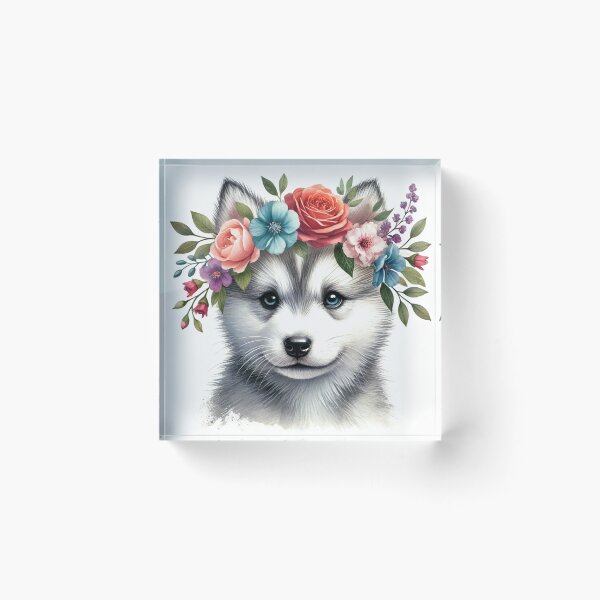Item preview, Eye-catching Husky puppy with colorful flower crown. designed and sold by toypoodlemom.