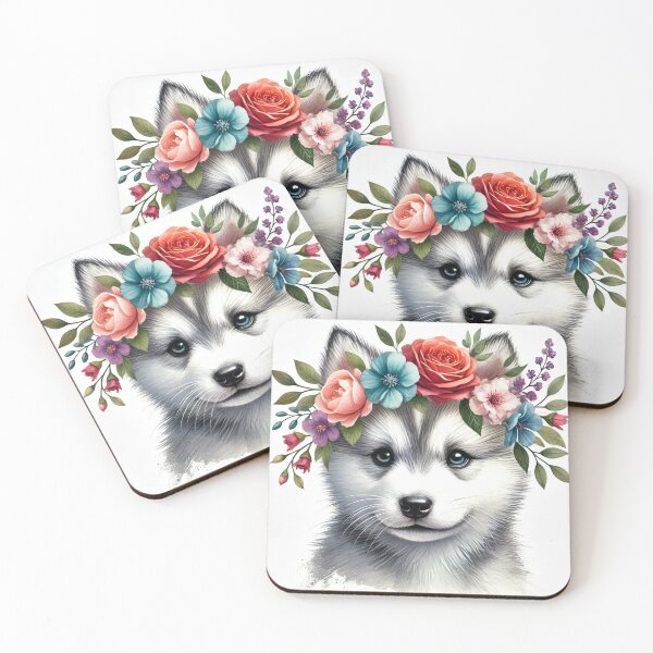 Item preview, Eye-catching Husky puppy with colorful flower crown. designed and sold by toypoodlemom.