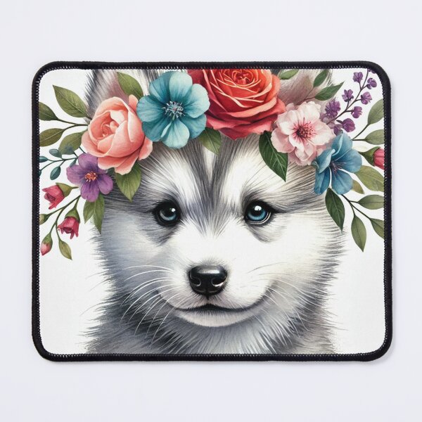 Item preview, Eye-catching Husky puppy with colorful flower crown. designed and sold by toypoodlemom.