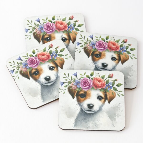 Item preview, Adorable Jack Russel puppy with colorful flower crown designed and sold by toypoodlemom.