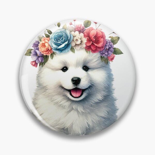 Item preview, Fluffy Samoyed puppy with colorful flower crown. designed and sold by toypoodlemom.