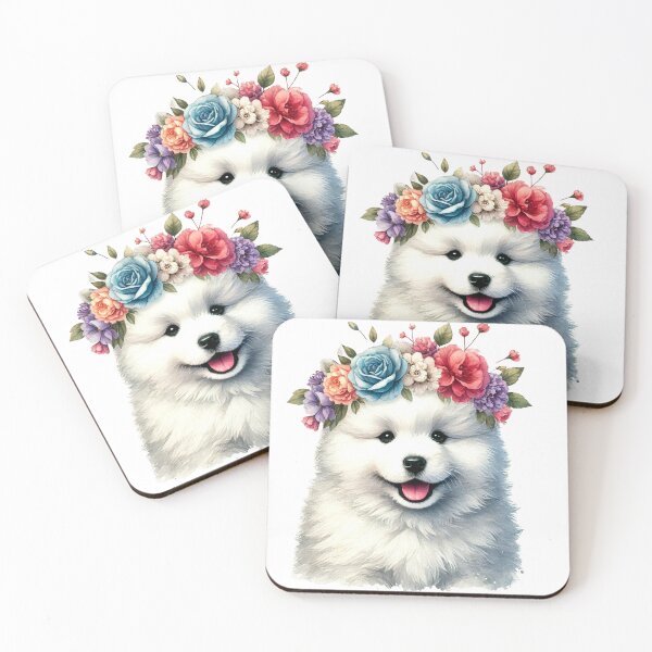 Item preview, Fluffy Samoyed puppy with colorful flower crown. designed and sold by toypoodlemom.