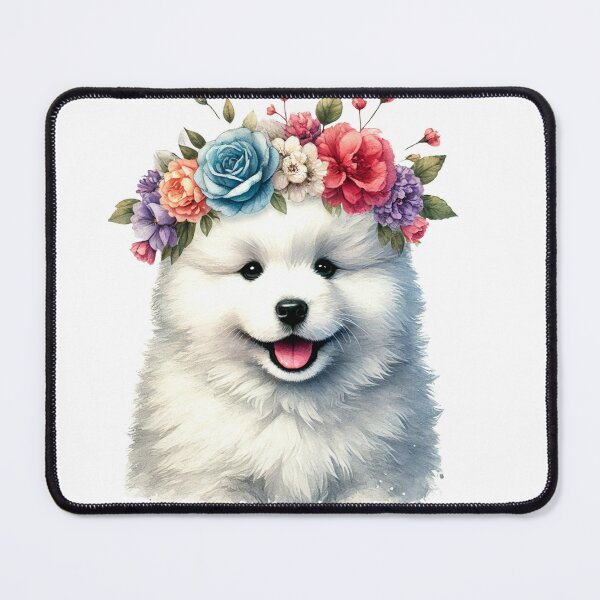 Item preview, Fluffy Samoyed puppy with colorful flower crown. designed and sold by toypoodlemom.