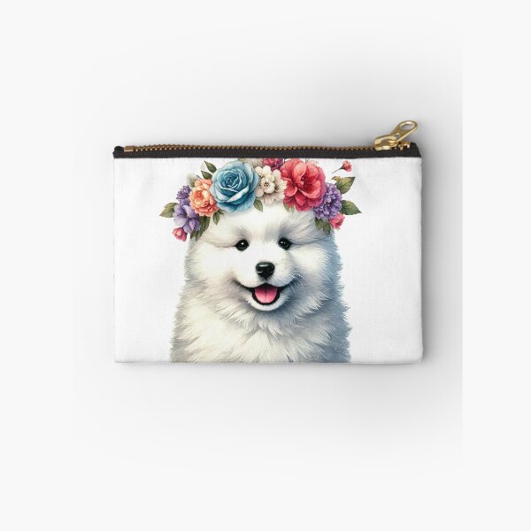Item preview, Fluffy Samoyed puppy with colorful flower crown. designed and sold by toypoodlemom.