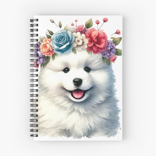 Item preview, Fluffy Samoyed puppy with colorful flower crown. designed and sold by toypoodlemom.