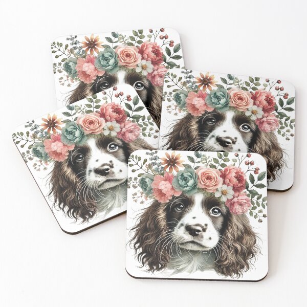 Item preview, Elegant Springer Spaniel puppy with colorful flower crown designed and sold by toypoodlemom.