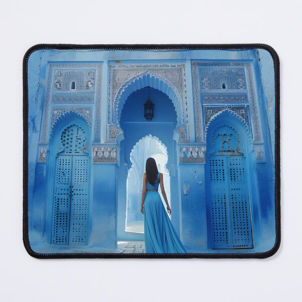 Item preview, Woman in blue dress walking through blue architectural doors designed and sold by Artessie.