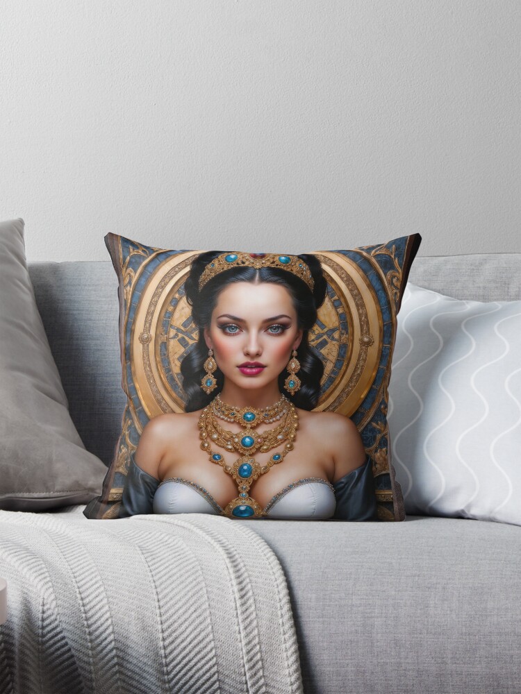 An Exquisite Portrait Of A Regal Queen Adorned in Opulent Jewelry Gorgeous AI Concept Art by Xzendor7 Decorative Art Print Throw Pillow
