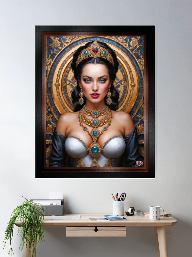 An Exquisite Portrait Of A Regal Queen Adorned in Opulent Jewelry Gorgeous AI Concept Art by Xzendor7 Wall Decor Poster Art Print 