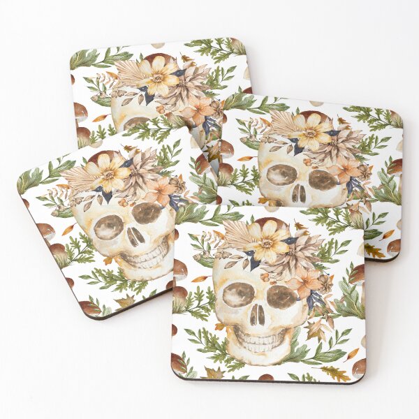 Item preview, Skull with Ferns Flowers and Mushrooms designed and sold by WildWoodlandWitch.