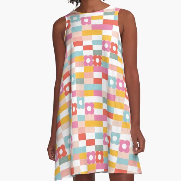 Colourful Retro Summer Rainbow floral check pattern A-Line Dress
