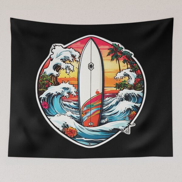 Item preview, Japanese Wave and Surfboard with Palm Trees designed and sold by NautiChic.