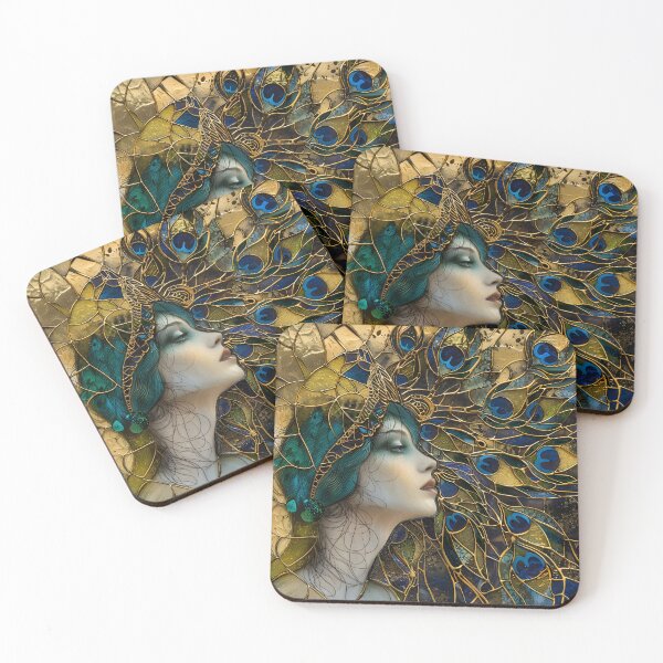 Item preview, Beautiful stained glass artwork of woman  with vibrant peacock feathers designed and sold by Artessie.