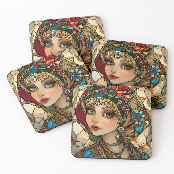 Item preview, Elegant stained glass portrait of a woman in colorful attire. designed and sold by Artessie.