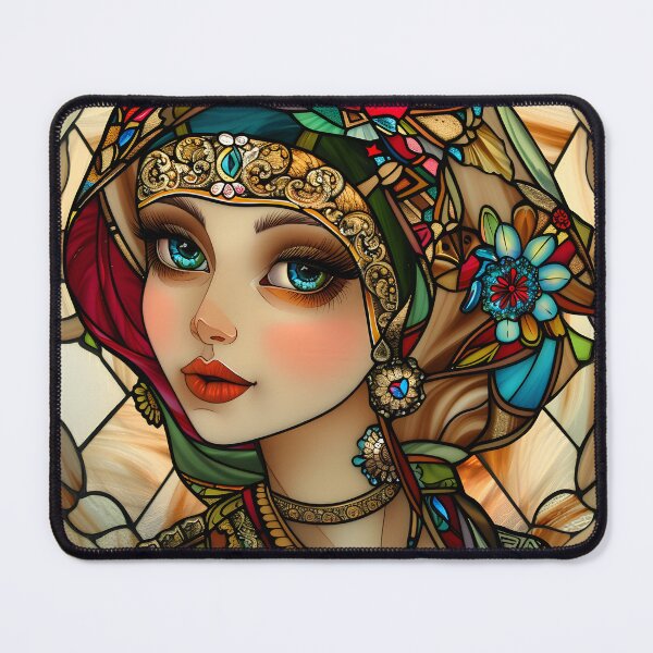 Item preview, Elegant stained glass portrait of a woman in colorful attire. designed and sold by Artessie.