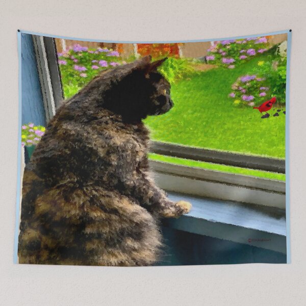 Item preview, Cat Watches Cardinal At Window, brushed art designed and sold by kristalcurt.
