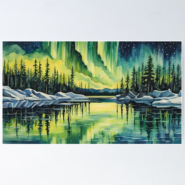 The Aurora Borealis or Northern Lights Watercolour Style Poster