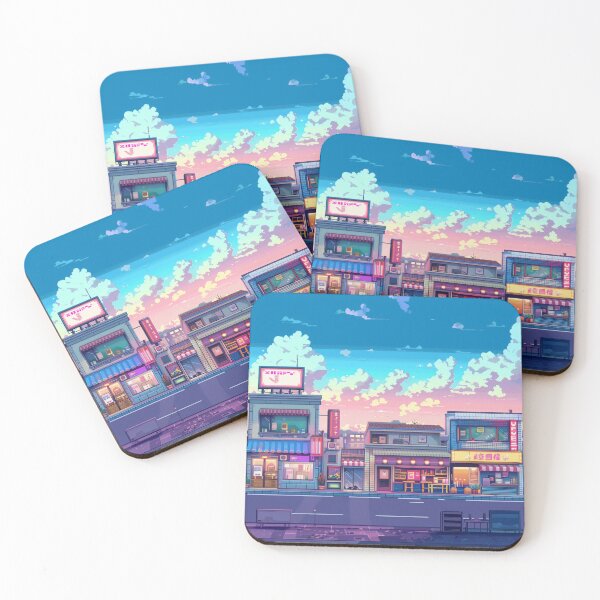 Item preview, Retro Pixel Art Game Style Desk Mat, Small Town in Japan, Sunset Hues,  designed and sold by Wheelzies.