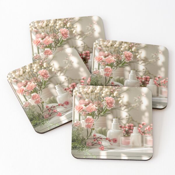 Item preview, White Table Covered With Pink Flowers - Cosmetics Studio Scenes designed and sold by frequent-art.
