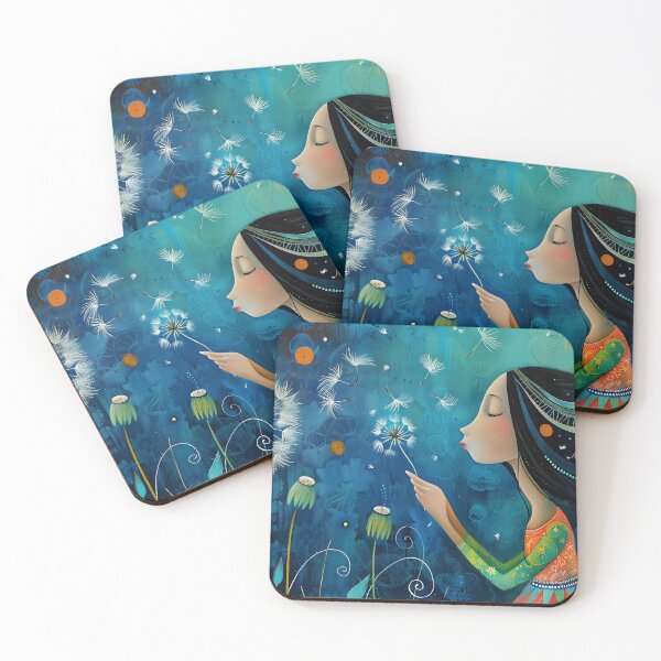 Item preview, Woman blowing dandelion seeds in dreamy, abstract setting designed and sold by Artessie.
