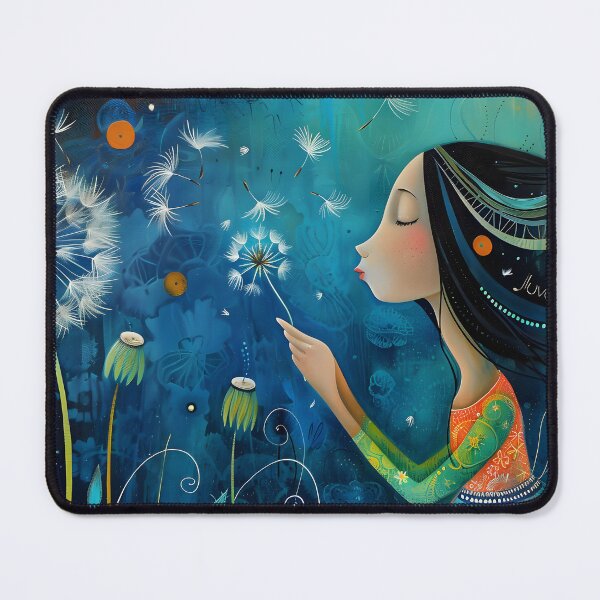 Item preview, Woman blowing dandelion seeds in dreamy, abstract setting designed and sold by Artessie.