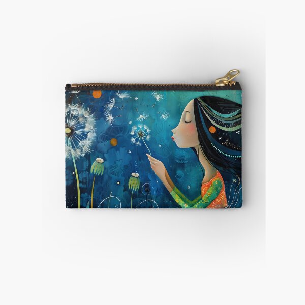 Item preview, Woman blowing dandelion seeds in dreamy, abstract setting designed and sold by Artessie.