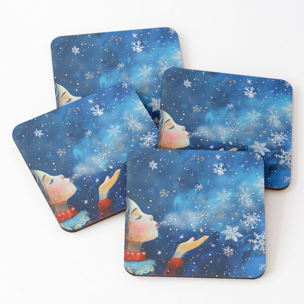 Item preview, Whimsical winter scene with snowflakes in blue night sky designed and sold by Artessie.