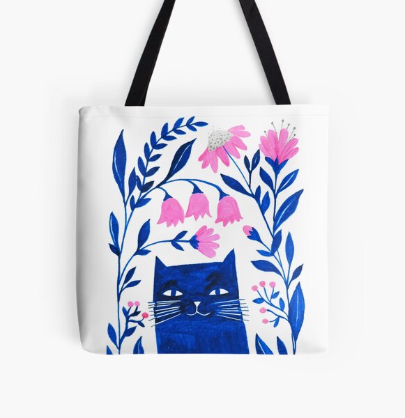 indigo blue cat with pink flowers watercolor illustration All Over Print Tote Bag