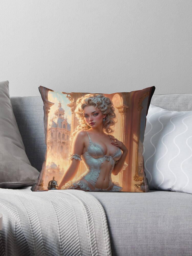 A Sensual Exquisite Baroque Portrait Of A Regal Beauty In Lingerie Gorgeous AI Concept Art by Xzendor7 Decorative Art Print Throw Pillow