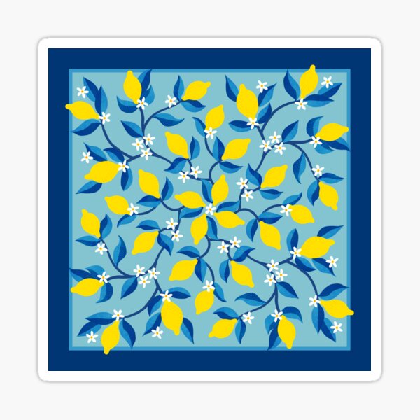 Lemon floral symmetry on blue - summer design with border by Cecca Designs Sticker
