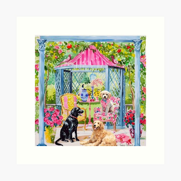 Aperçu de l'œuvre Art grandmillénaire, Chiens dans un belvédère de jardin créée et vendue par SophieClimaArt.
