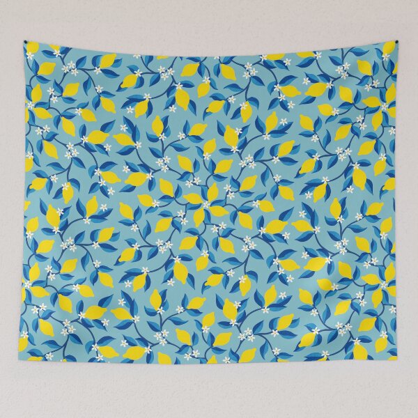 Item preview, Lemon floral symmetry on blue - summer design with border by Cecca Designs designed and sold by Cecca-Designs.