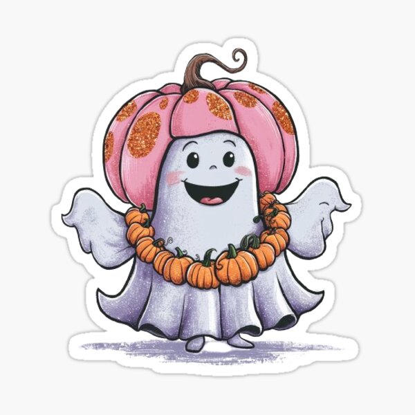 Item preview, Cute white Halloween  boo with pumpkin head and pumpkin  wreath on neck designed and sold by Sameena Fatima.