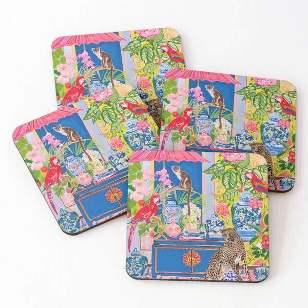 Item preview, Grandmillennial art, cheetah, monkey and macaws in chinoiserie interior designed and sold by SophieClimaArt.