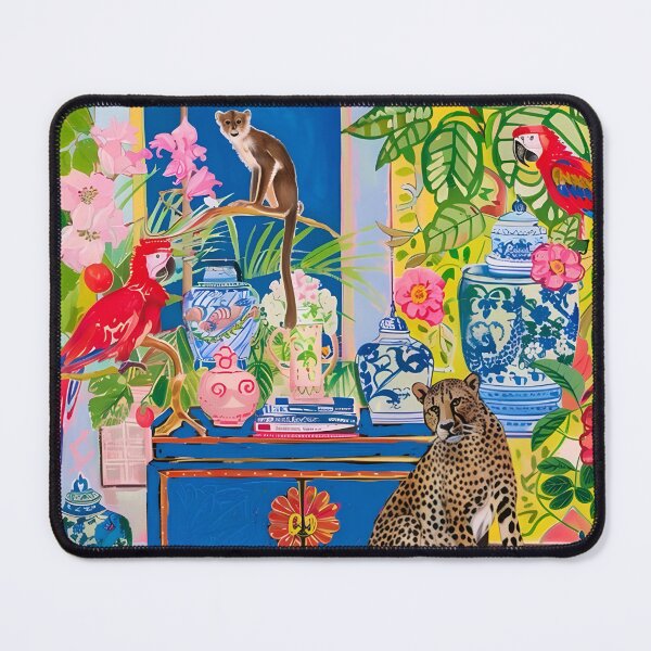 Item preview, Grandmillennial art, cheetah, monkey and macaws in chinoiserie interior designed and sold by SophieClimaArt.