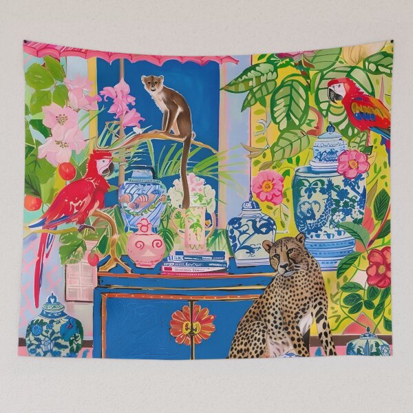 Item preview, Grandmillennial art, cheetah, monkey and macaws in chinoiserie interior designed and sold by SophieClimaArt.