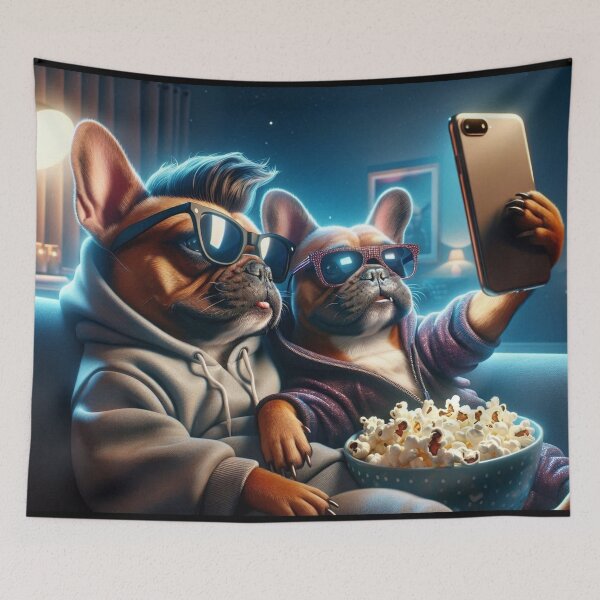 Item preview, French Bulldog Celebrity Couple Chilling at Home while taking a Selfie designed and sold by TheDogOnIt.