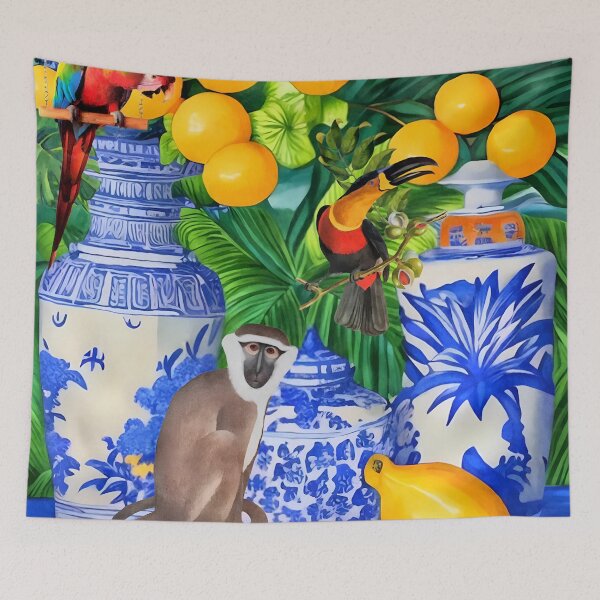 Item preview, Monkey, toucan, macaw parrot in tropical garden designed and sold by SophieClimaArt.