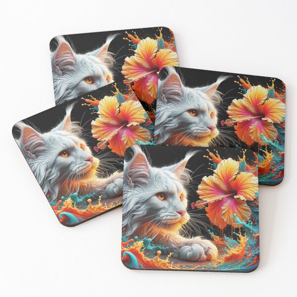 Item preview, Dreamy Maine Coon Cat with Fantastic Hibiscus Flowers, 4k Wallpaper designed and sold by Keirnyx.