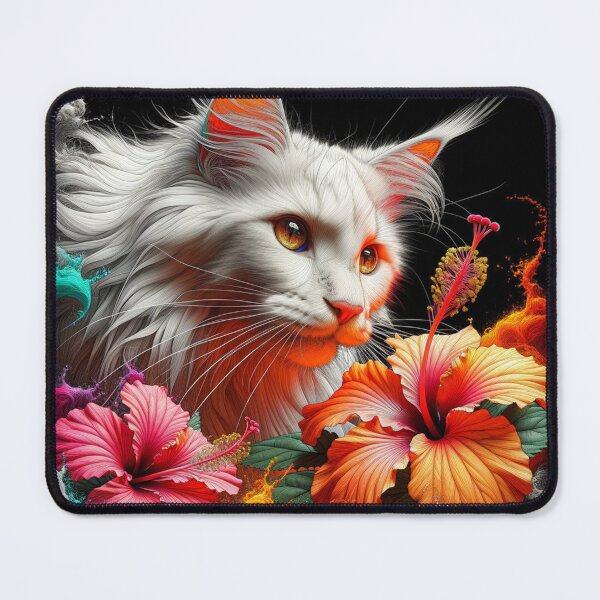 Item preview, Dreamy Maine Coon Cat with Fantastic Hibiscus Flowers, 4k Wallpaper designed and sold by Keirnyx.